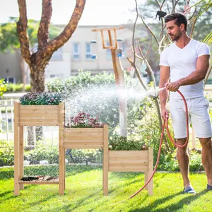 Costway 3 Tier Raised Garden Bed Wooden Elevated Planter W/3 Planter Boxes Drainage Hole