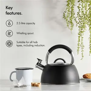 Black Stainless Steel Whistling Stove Top Kettle - 2.5L - Vonhaus