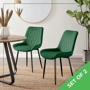 Palermo Velvet Modern Dining Chairs with Tapered Metal Legs & Quilted Diamond Stitching (Set of 2) Green / Black