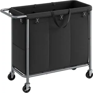 SONGMICS Rolling Laundry Hamper, Triple-Compartment Clothes Basket, Spacious, Liner Removal, Ink Black