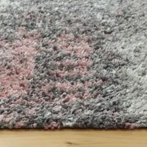 Blush Pink Grey Distressed Abstract Scandi Shaggy Living Area Runner Rug 60x230cm