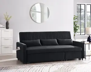 Devon 3 Seater Storage Chaise Pull Out Fabric Black Velvet Sofa bed