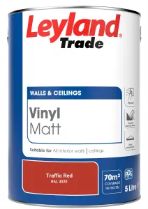 Leyland Trade Vinyl Matt Walls & Ceilings Emulsion Paint Traffic Red (RAL 3020) 5L