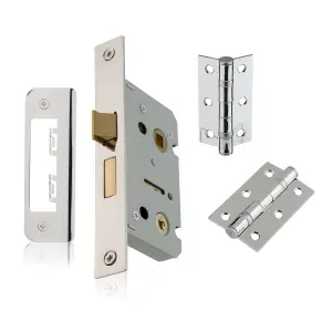 XFORT Polished Chrome Bathroom Door Accessory Pack, Compete with 65mm Bathroom Lock and 75mm Ball Bearing Hinges