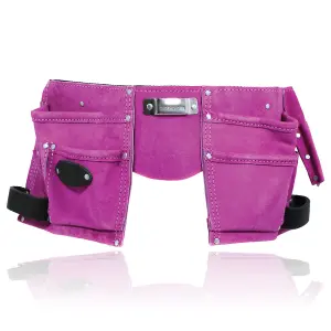 SPARES2GO Gardening Tool Belt Pink Double Leather 11 Pouch Purple Holder Adjustable Suede