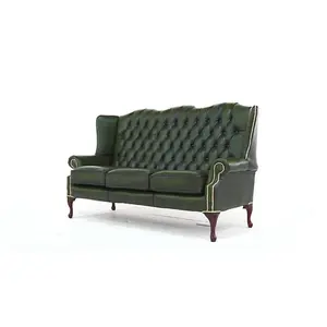 Chesterfield 3 Seater High Back Antique Green Real Leather Sofa In Mallory Style