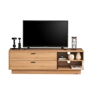 Oak-colored TV Stand for 60-inch TV, Two Drawers and Two Open Storage Spaces, Modern Entertainment Center, 140 x40x45 cm