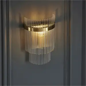 5 Light Ceiling Pendant & 2x Matching Wall Light - Clear Glass rods Antique Brass Ring