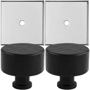 2 PACK - Cabinet Door Knob & Contrasting Backplate Set - Hammered Kitchen Pull - Matt Black & Chrome