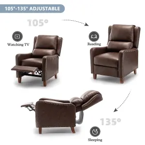 Recliner Upholstered Armchair PU Leather Padded Comfy Sofa Lounge Chair, Push Back Recliner with Rivet Decoration - Brown