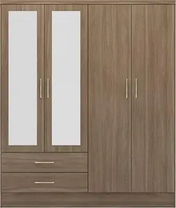 Nevada 4 Door 2 Drawer Mirrored Wardrobe in Rustic Oak Effect Finish