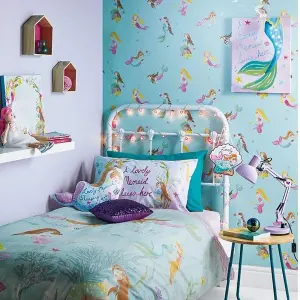 Mermaid World Wallpaper Arthouse Teal Pink Glitter Girls Kids Children's Bedroom