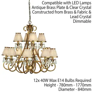 Esher Ceiling Pendant Chandelier Brass Crystal & Beige Shades 12 Lamp Light