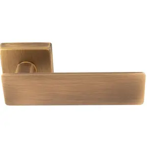 Premium Large Flat Door Handle Set - Antique Brass Designer Lever On Square Rose