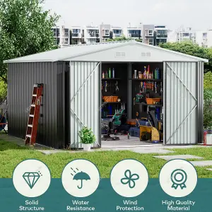 317.6cm W Grey Outdoor Garden Galvanized Steel Storage Shed with Sloped Roof Design, 10x12 ft