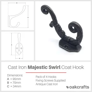 Oakcrafts - Antique Cast Iron Hat and Coat Hook Majestic Swirl - Pack of 4