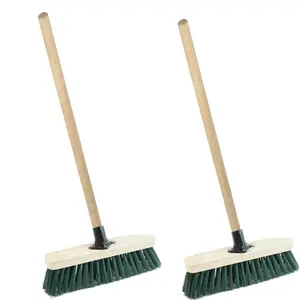 2x 12" Wooden Handle Green Strong PVC Bristle Sweeping Brooms For Cleaning Hard Floors