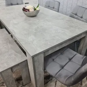 Grey Kitchen Dining Table, 4 Grey Tufted Velvet Chairs and 1 Bench Dining Set (140x80x75cm)