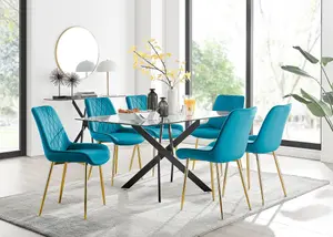 Furniturebox UK Leonardo Black Leg Glass Dining Table & 6 Blue Pesaro Gold Leg Chairs