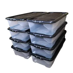 8 x 42L Clear Under Bed Storage Box with Black Lid, Stackable and Nestable Design Storage Solution