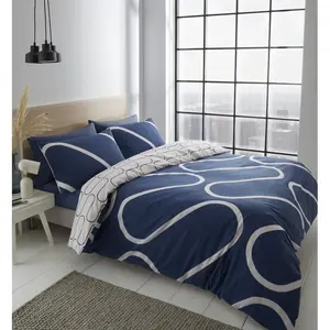 Linear Curve Geometric Reversible Duvet Cover Set with Pillowcases Navy / Double Duvet Cover + 2 Standard Pillowcases