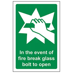 In Event Of Fire Break Glass Bolt To Open Sign - Rigid Plastic - 100x150mm (x3)