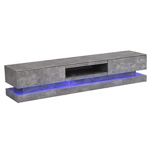 Step TV Stand With Storage for Living Room and Bedroom, 1800 Wide, LED Lighting, Media Storage, Concrete Effect Finish