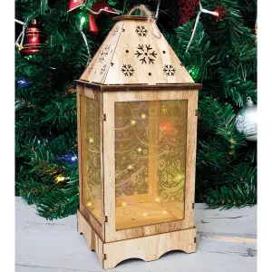 Pre-Lit Wooden Christmas Lantern with Snowflake Cut-Out & LED String Lights - Standing or Hanging Festive Decoration