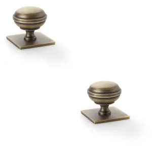 2 PACK - Classic Round Cabinet Door Knob & Matching Backplate - Antique Brass 34mm Handle