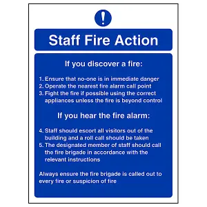 Staff Fire Action Blue Background Sign - Adhesive Vinyl 150x200mm (x3)