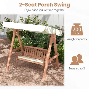 Costway Outdoor 2-Seat Swing Bench Patio Wood Porch Swing w/ Canopy & Cushions