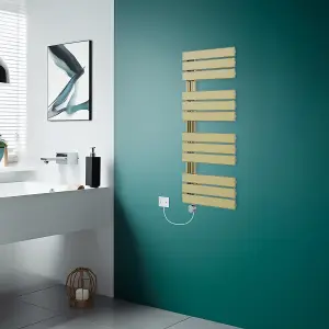 Rinse Bathrooms Prefilled Electric Heated Rail with Timer Designer Flat Panel Thermostatic Brushed Brass 1126x500mm