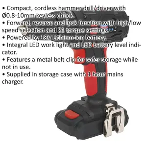 18V Cordless Hammer Drill Driver Kit - 10mm Keyless Chuck - 1.5Ah Lithium-ion