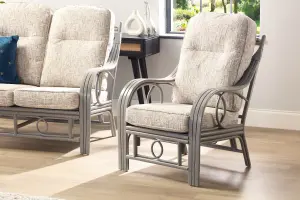 Desser Madrid Grey Natural Rattan Conservatory Armchair Real Cane Indoor Wicker Chair w/ UK Sewn Cushion in Farrow Fabric