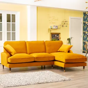 Mackenzie 250cm Wide Mustard Yellow Right Hand Facing Velvet Fabric Corner Sofa with 160cm Deep Chaise