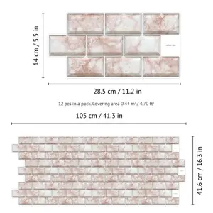 Walplus Rose Marble Subway Brick 2D Tile Stickers 12 Pcs