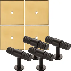 4 PACK - Cabinet Door Knob & Contrasting Backplate Set - Reeded T Bar Pull - Matt Black & Satin Brass