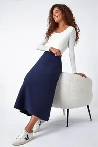 Roman Plain Elastic Waist Knitted A Line Midi Skirt - Blue - Mid Length Skirts Size 10