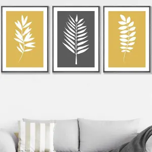 Set of 3 Yellow Grey Graphical Leaves Wall Art Prints / 50x70cm / Dark Grey Frame