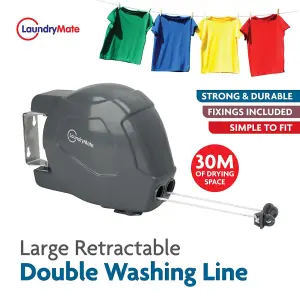 Grey  30m Retractable Clothes Reel Double Washing Line Wall Mounted Outdoor