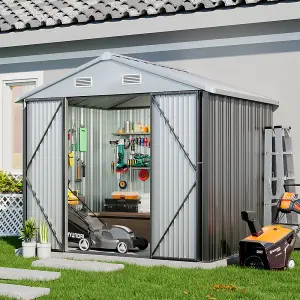 8x6 ft Apex Metal Shed Garden Storage Shed with Lockable Double Door,Grey