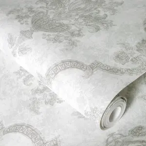 Galerie Azulejo Silver Porto Large Distressed Baroque Damask Wallpaper Roll