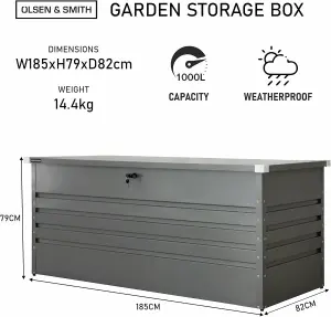 Olsen & Smith Garden Metal Storage Box 1000L Lockable Gas Lift 185x82x75cm Weather-Resistant Anthracite