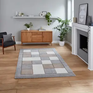 Grey Beige Modern Bordered Chequered Geometric Rug For Dining Room-80cm X 150cm