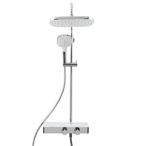 Chrome Thermostatic Rigid Riser Overhead Shower Kit with Tempered Glass Mixer Valve Shelf - White Trim