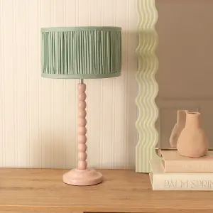 ValueLights Bobbins Painted Rose Table Lamp with Ruched Pleated Green Drum Lamp Shade and LED Bulb