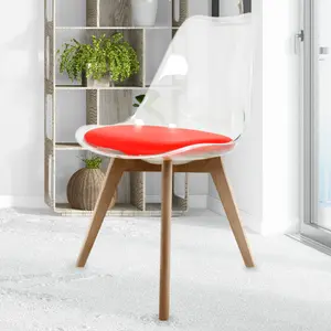 Soho Clear and Red Plastic Dining Chair with Squared Light Wood Legs