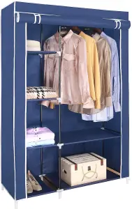 Canvas Wardrobe Organizer Clothes Rail Shelves Storage Closet Double Short - Blue