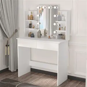 Dressing Table With Led Lights. Vanity Table With Adjustable Brightness Mirror. Makeup Desk With 2 Drawers And Open Shelves. Wooden Modern Bedroom