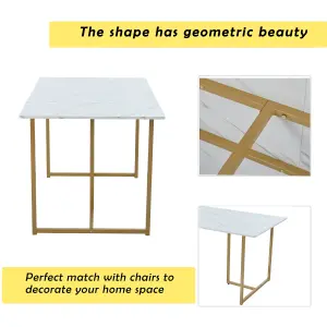 L-shaped Support Legs Rectangular Dining Table in Modern Marble Pattern Kitchen Table with Adjustable Feet, White/Golden